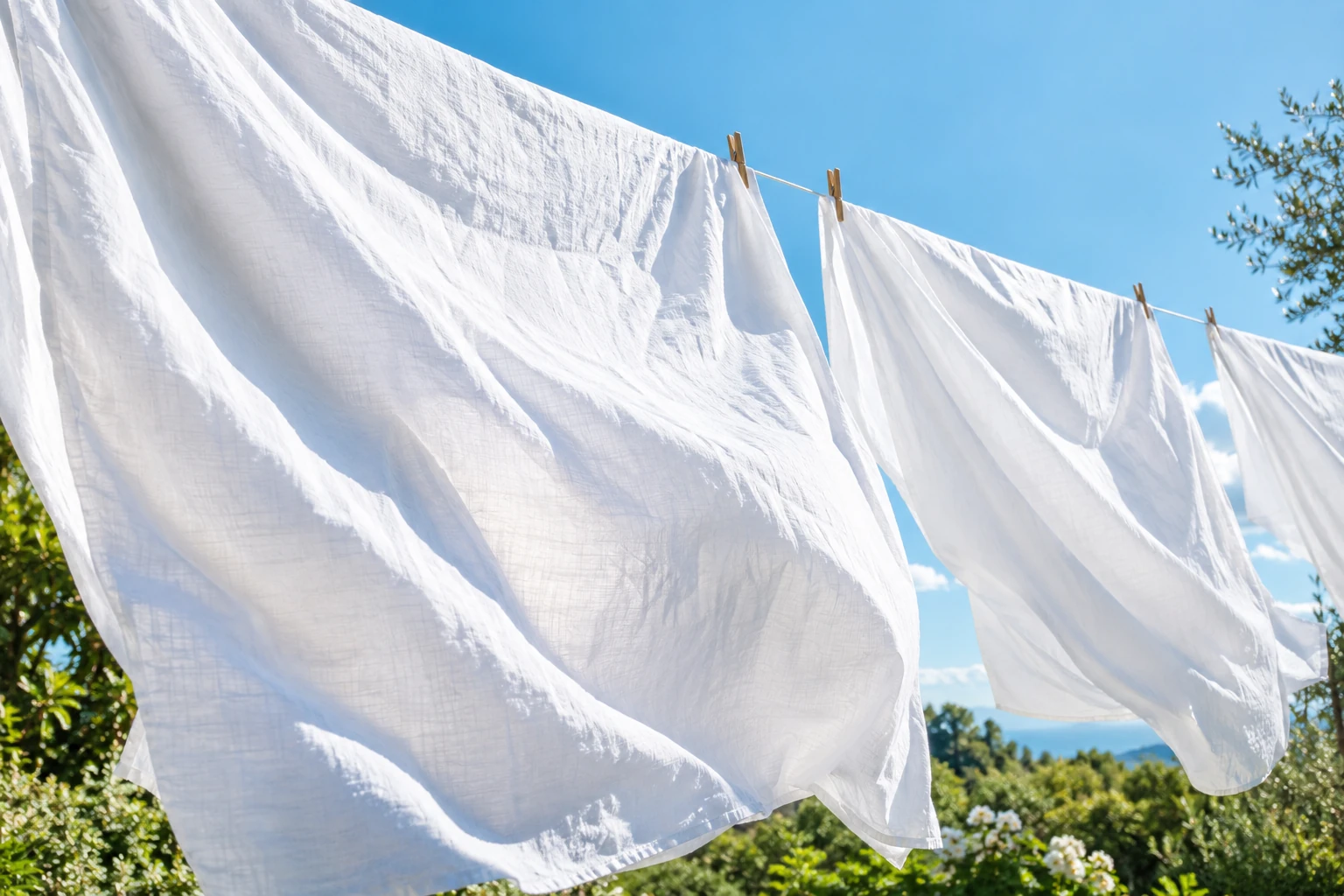 Fresh white laundry drying in the sunshine
